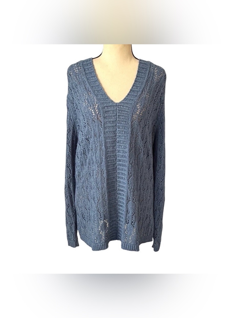 Coldwater Creek‎ Blue V-Neck Crochet Knit Hooded Sweater Boho Casual Relaxed Fit
